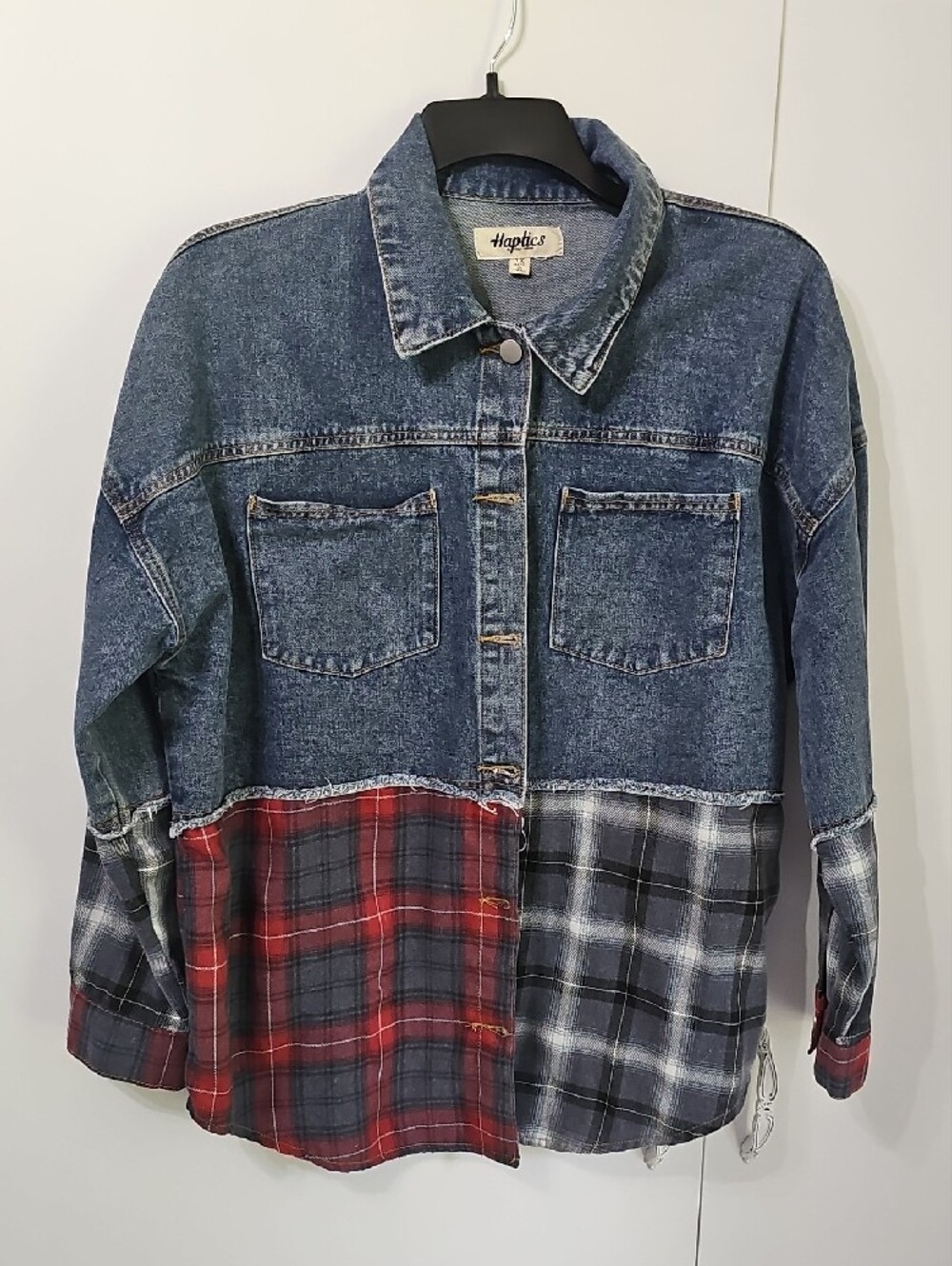 Haptics Blue Denim and Plaid Patchwork Button-Up Shirt NWOT